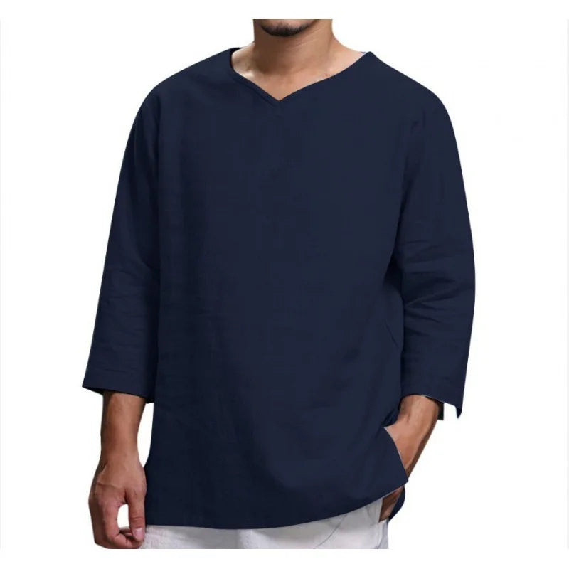 spring 2023 New Men's Cotton Linen T shirt Male Solid Color V Neck bandage T shirts Casual Long Sleeves Linen tshirt Tops S-4XL