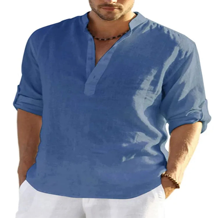 spring 2023 New Men's Cotton Linen T shirt Male Solid Color V Neck bandage T shirts Casual Long Sleeves Linen tshirt Tops S-4XL