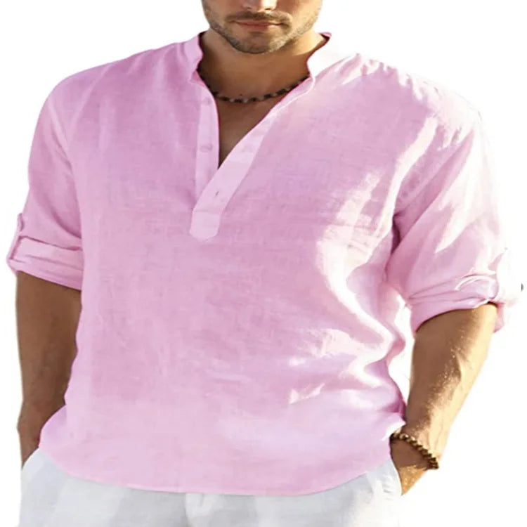 spring 2023 New Men's Cotton Linen T shirt Male Solid Color V Neck bandage T shirts Casual Long Sleeves Linen tshirt Tops S-4XL