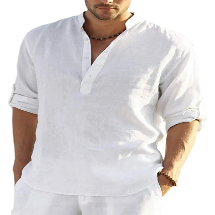 spring 2023 New Men's Cotton Linen T shirt Male Solid Color V Neck bandage T shirts Casual Long Sleeves Linen tshirt Tops S-4XL