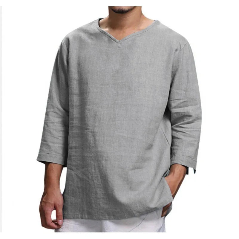 spring 2023 New Men's Cotton Linen T shirt Male Solid Color V Neck bandage T shirts Casual Long Sleeves Linen tshirt Tops S-4XL