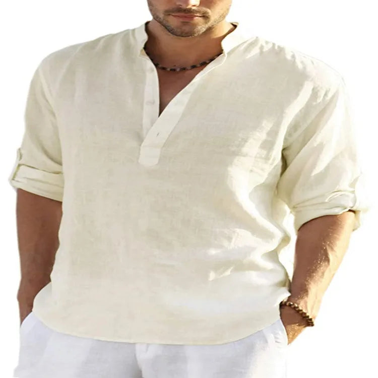 spring 2023 New Men's Cotton Linen T shirt Male Solid Color V Neck bandage T shirts Casual Long Sleeves Linen tshirt Tops S-4XL