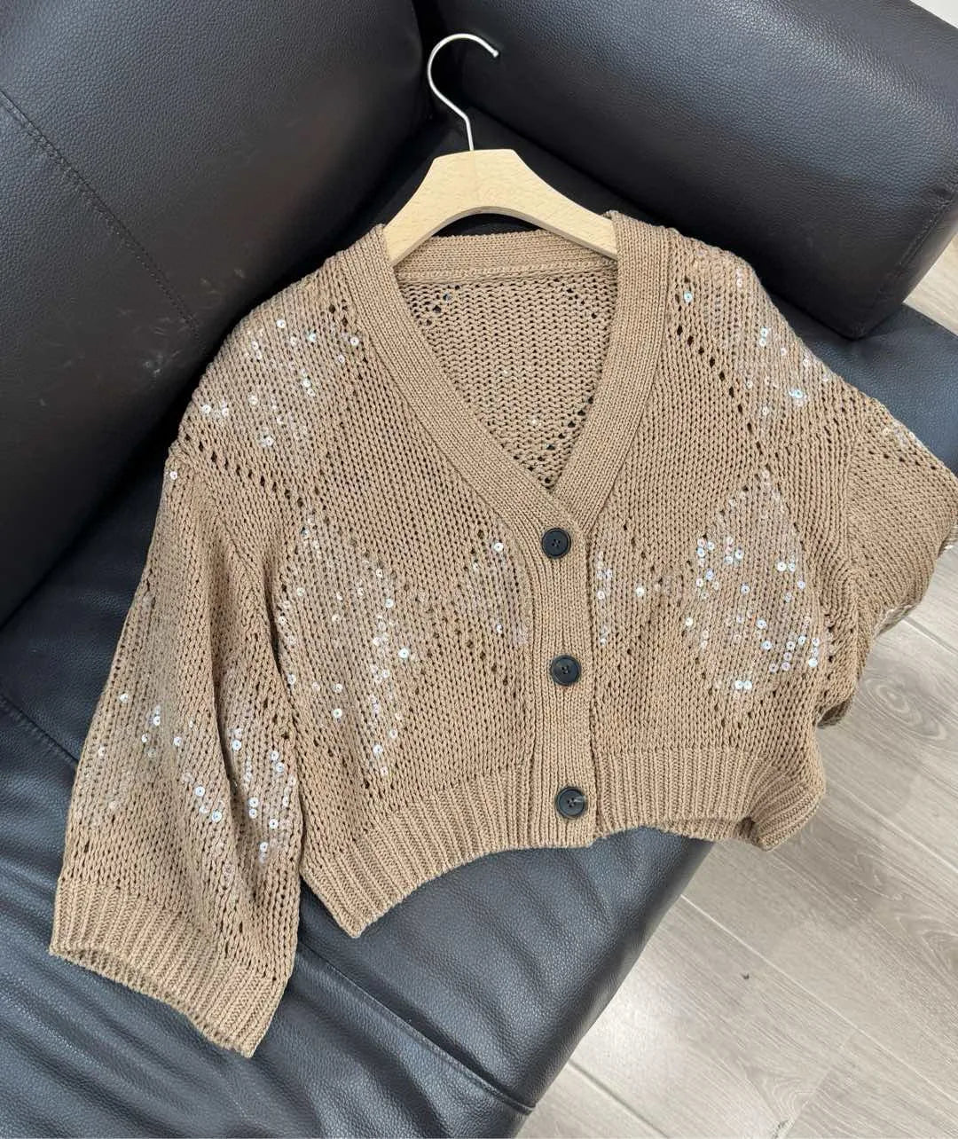 Exquisite sequinned v-neckline spring-summer cardigan