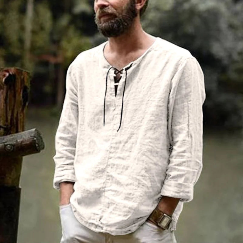 Plus Size Men's Tee Shirt Solid Tops Pullover V Neck Lace-up Loose Top Summer Holiday Beach Casual Half Sleeve Tops Linen Top