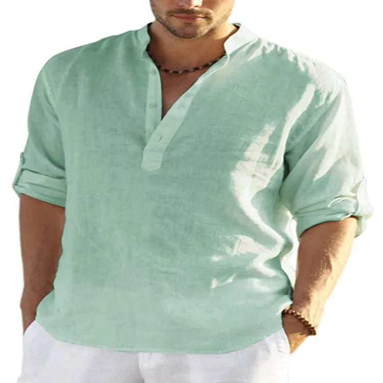 spring 2023 New Men's Cotton Linen T shirt Male Solid Color V Neck bandage T shirts Casual Long Sleeves Linen tshirt Tops S-4XL