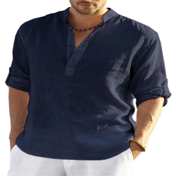 spring 2023 New Men's Cotton Linen T shirt Male Solid Color V Neck bandage T shirts Casual Long Sleeves Linen tshirt Tops S-4XL