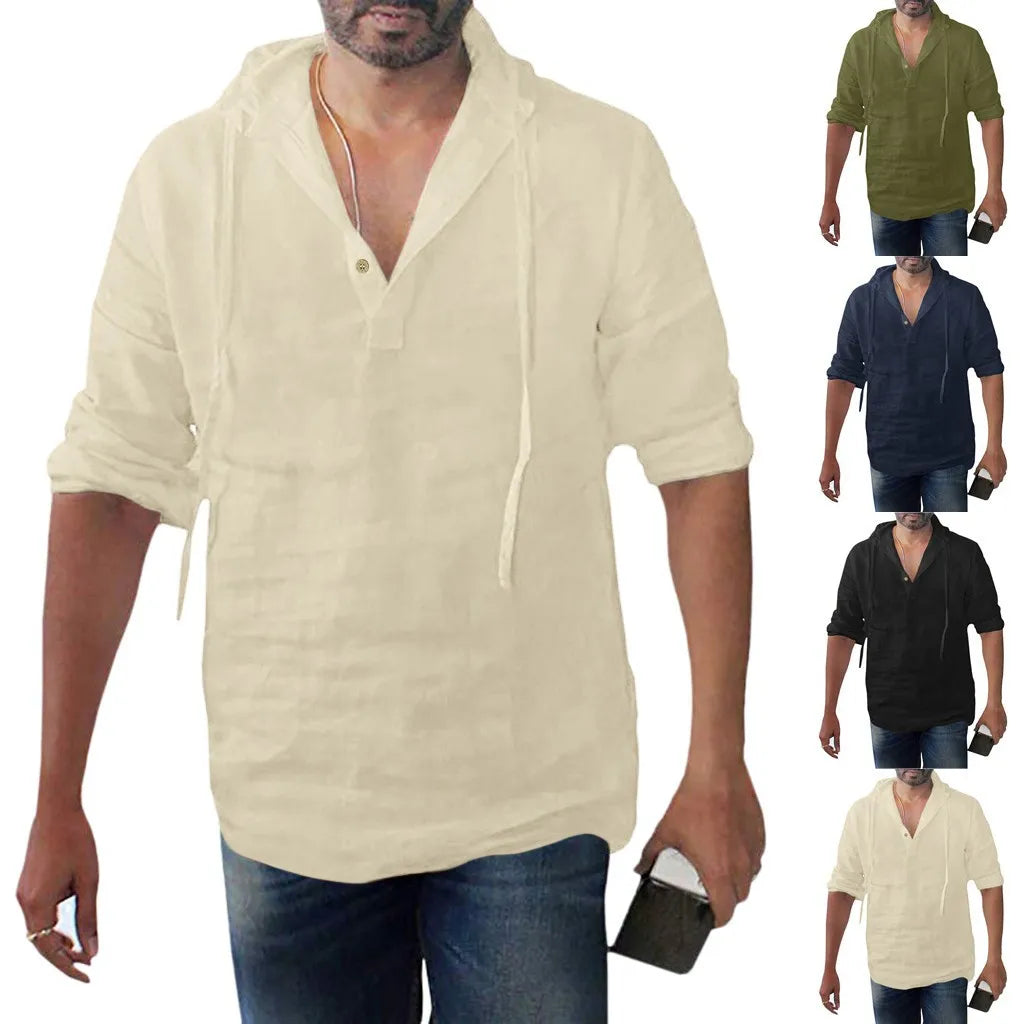 Plus Size Men's Tee Shirt Solid Tops Pullover V Neck Lace-up Loose Top Summer Holiday Beach Casual Half Sleeve Tops Linen Top