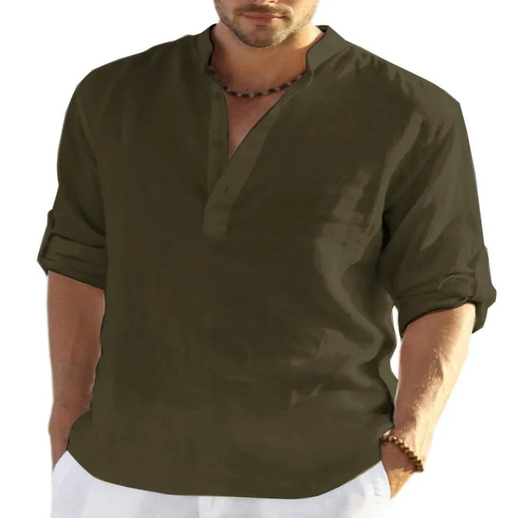 spring 2023 New Men's Cotton Linen T shirt Male Solid Color V Neck bandage T shirts Casual Long Sleeves Linen tshirt Tops S-4XL