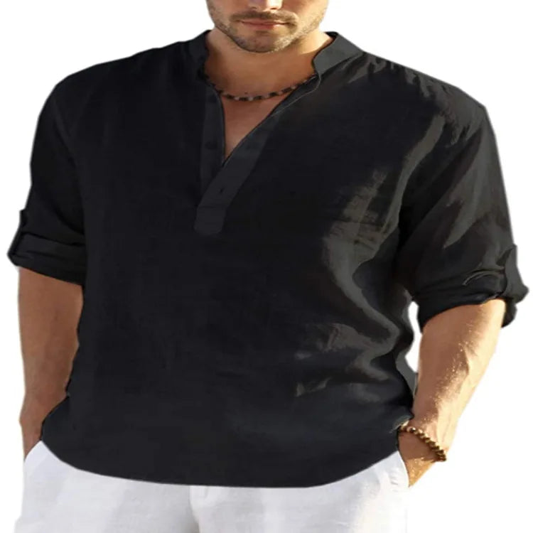 spring 2023 New Men's Cotton Linen T shirt Male Solid Color V Neck bandage T shirts Casual Long Sleeves Linen tshirt Tops S-4XL
