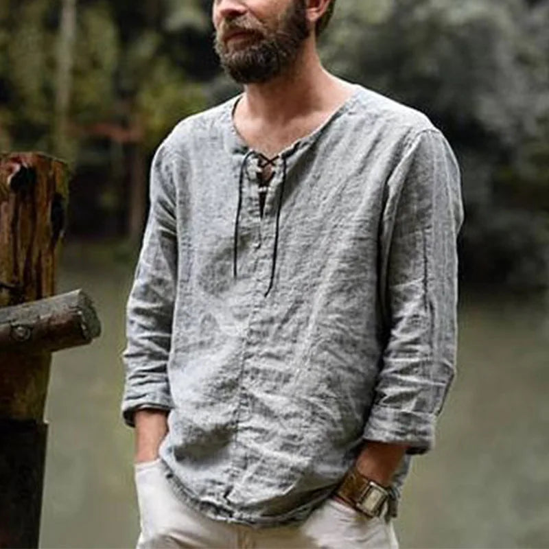 Plus Size Men's Tee Shirt Solid Tops Pullover V Neck Lace-up Loose Top Summer Holiday Beach Casual Half Sleeve Tops Linen Top
