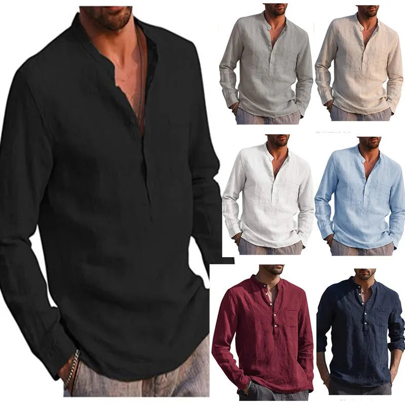 spring 2023 New Men's Cotton Linen T shirt Male Solid Color V Neck bandage T shirts Casual Long Sleeves Linen tshirt Tops S-4XL