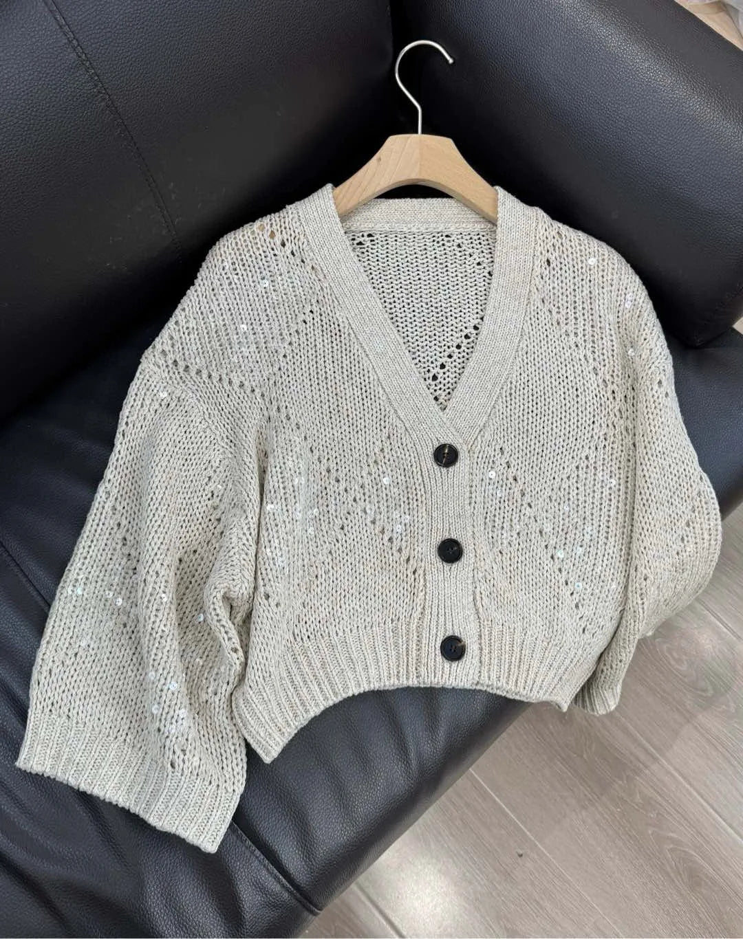 Exquisite sequinned v-neckline spring-summer cardigan