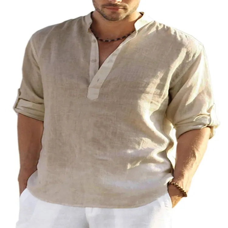 spring 2023 New Men's Cotton Linen T shirt Male Solid Color V Neck bandage T shirts Casual Long Sleeves Linen tshirt Tops S-4XL
