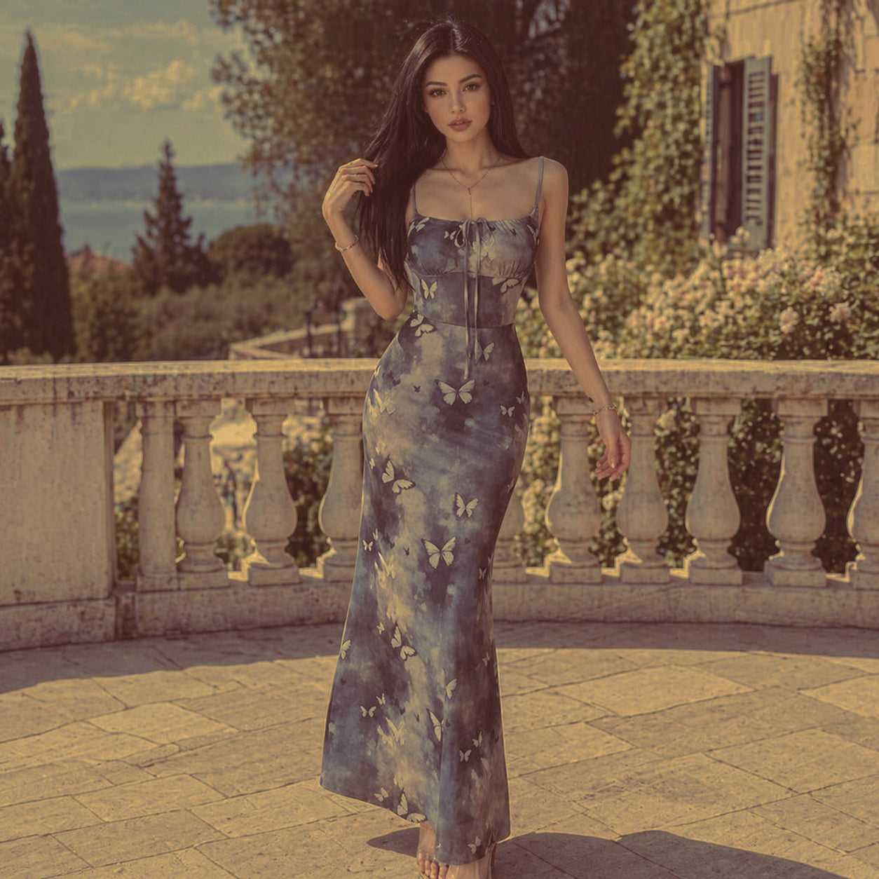 Vestido Largo Estampado con Tirantes Finos