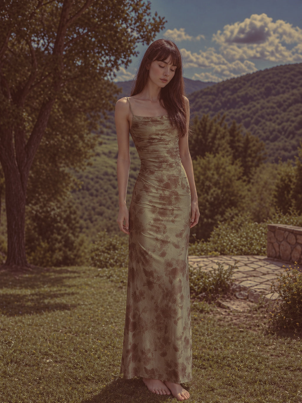Vestido Largo Satinado Floral