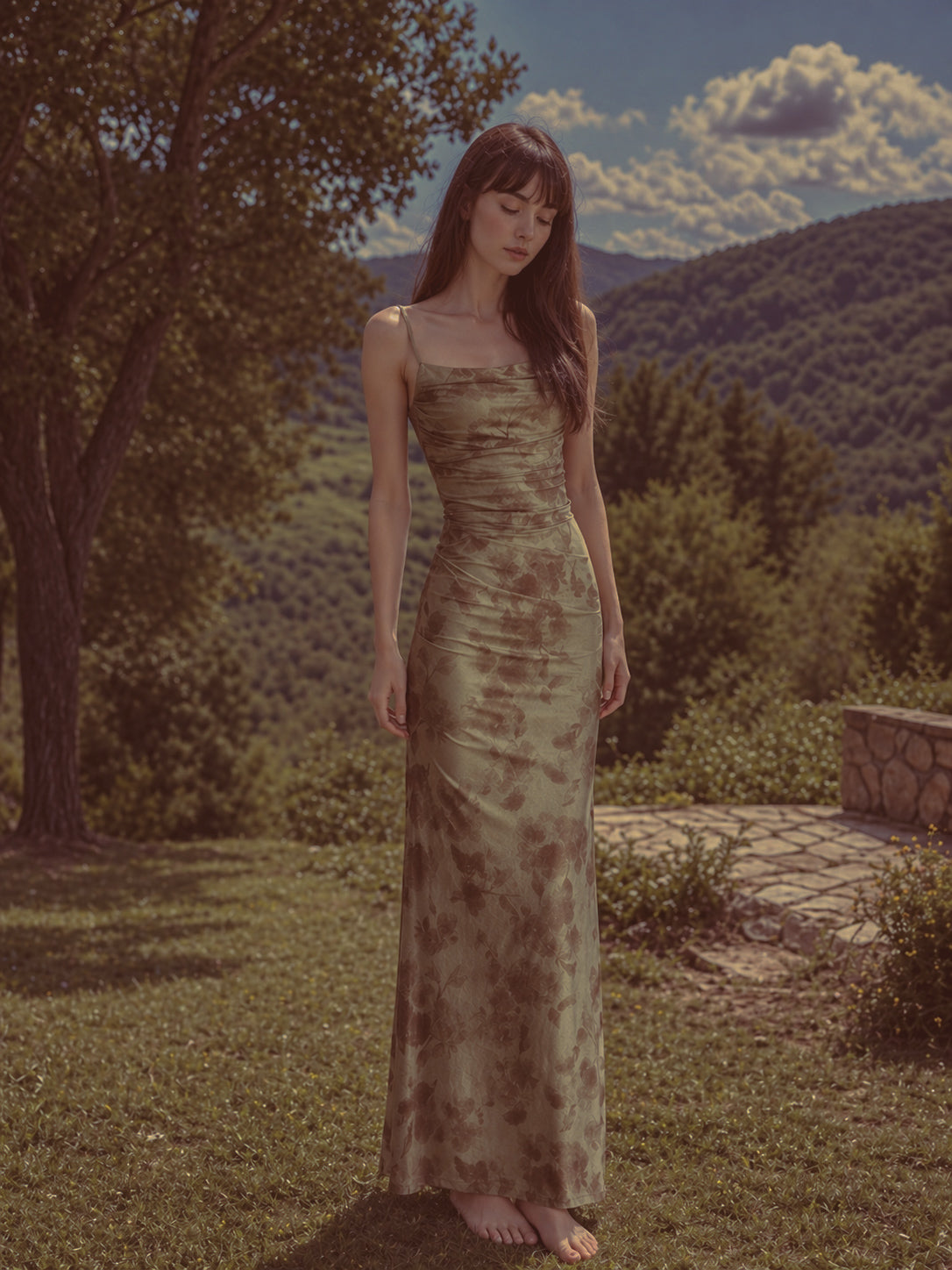 Vestido Largo Satinado Floral