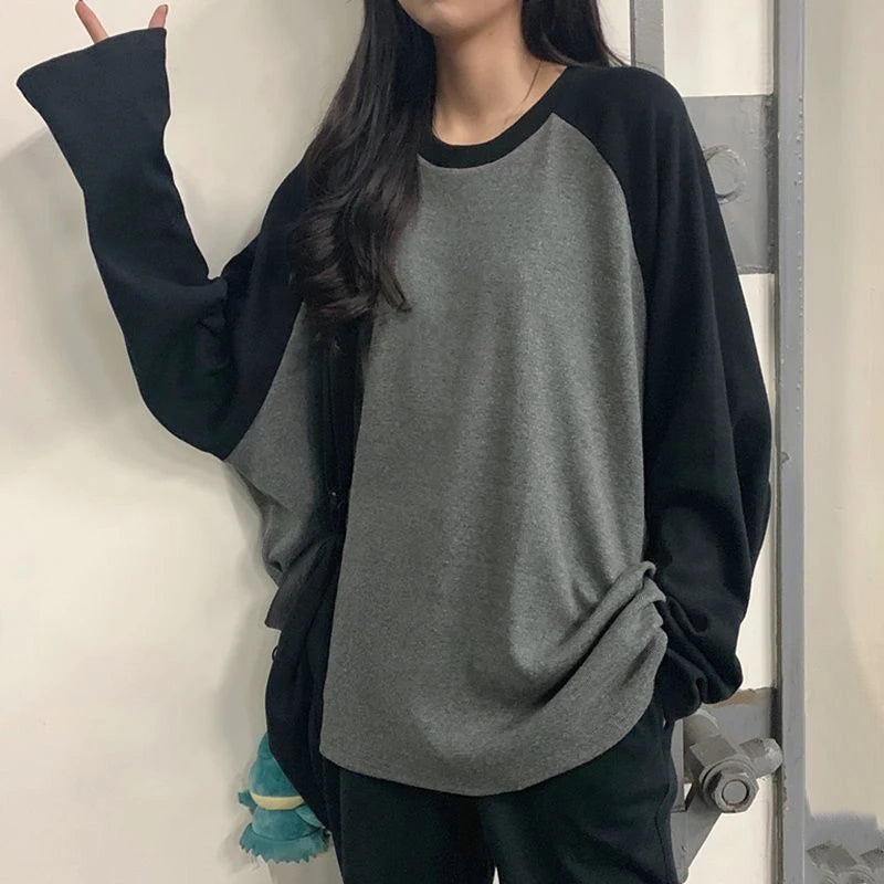 New Female T-shirt Grey O Neck Contrast Color Long Sleeve T Shirt Loose Autumn Tee Tops for Women Shirts Patchwork
