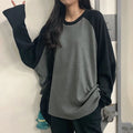 New Female T-shirt Grey O Neck Contrast Color Long Sleeve T Shirt Loose Autumn Tee Tops for Women Shirts Patchwork