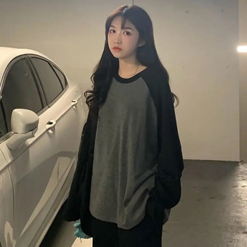 New Female T-shirt Grey O Neck Contrast Color Long Sleeve T Shirt Loose Autumn Tee Tops for Women Shirts Patchwork