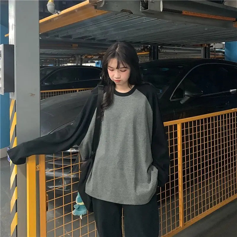 New Female T-shirt Grey O Neck Contrast Color Long Sleeve T Shirt Loose Autumn Tee Tops for Women Shirts Patchwork