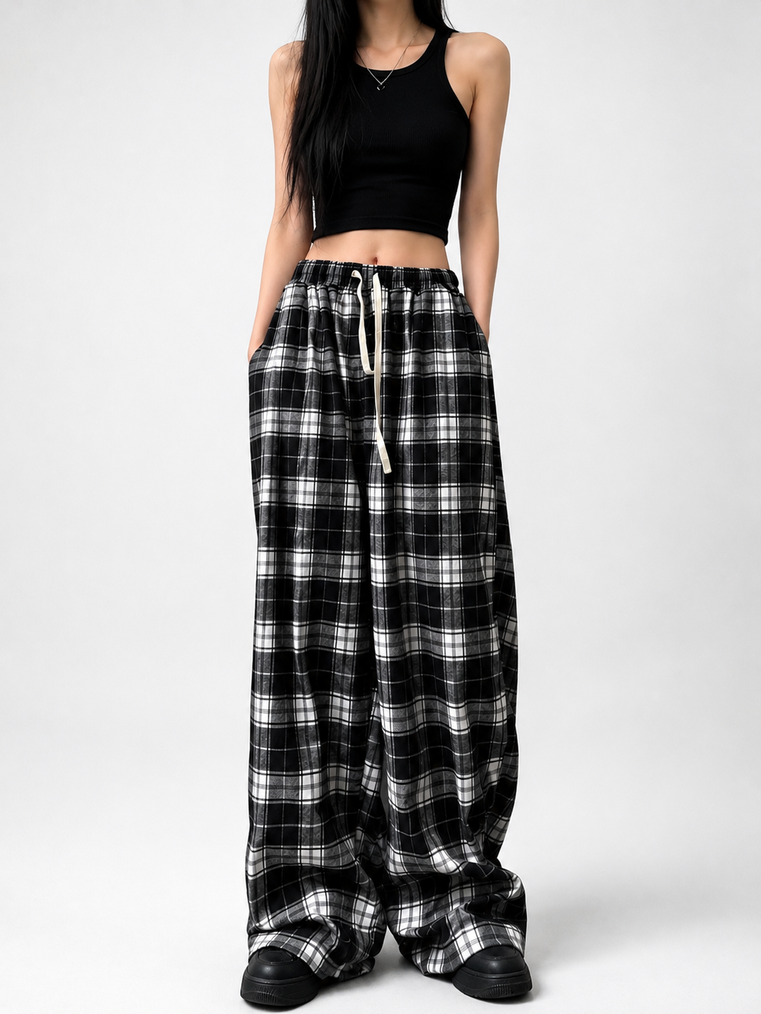 Oversize Women Sweatpants Fashion Black Plaid Casual Pants Baggy Elastic Waist Pockets Student Unisex Hip Hop Loose Trousers