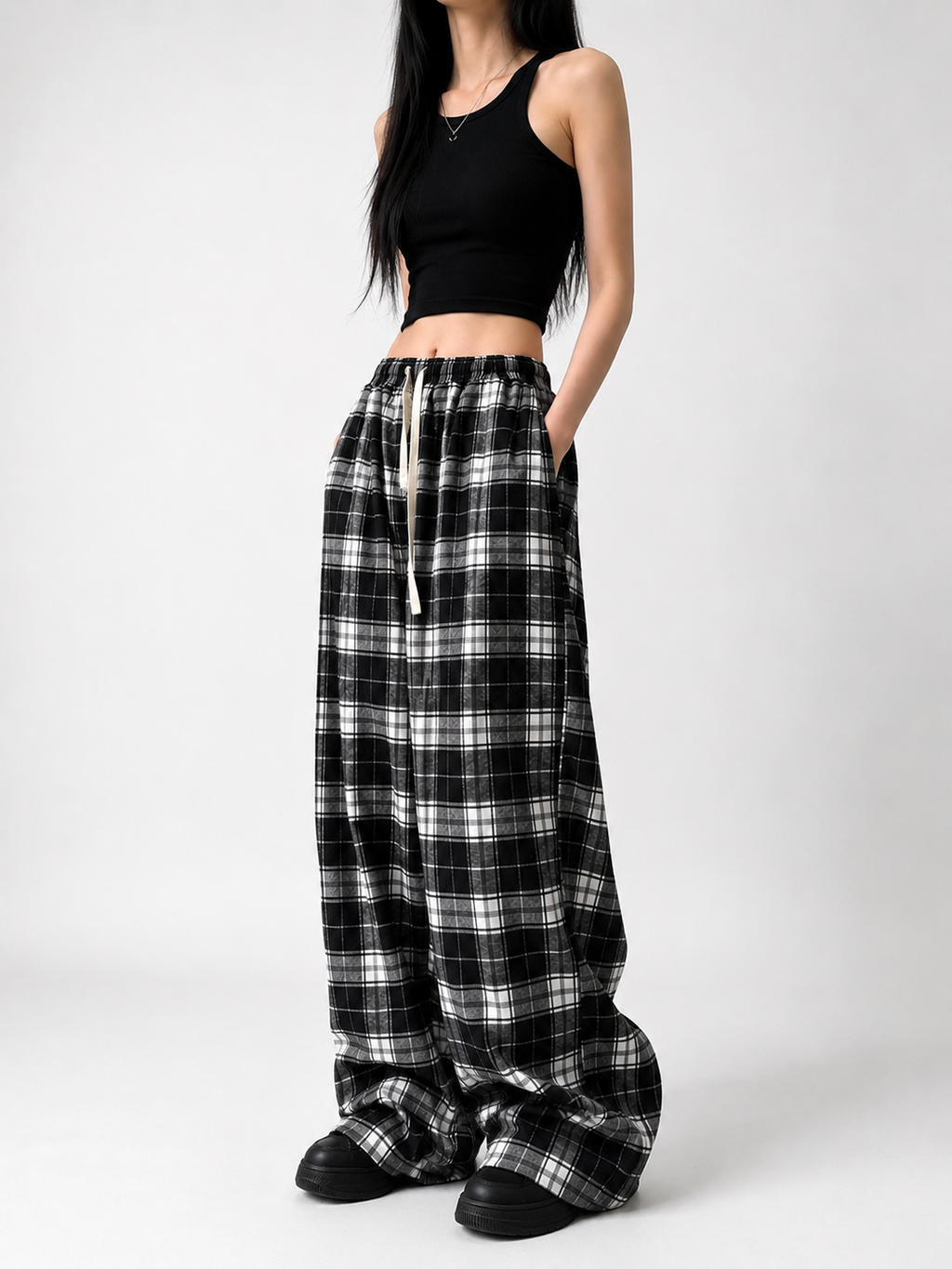 Oversize Women Sweatpants Fashion Black Plaid Casual Pants Baggy Elastic Waist Pockets Student Unisex Hip Hop Loose Trousers