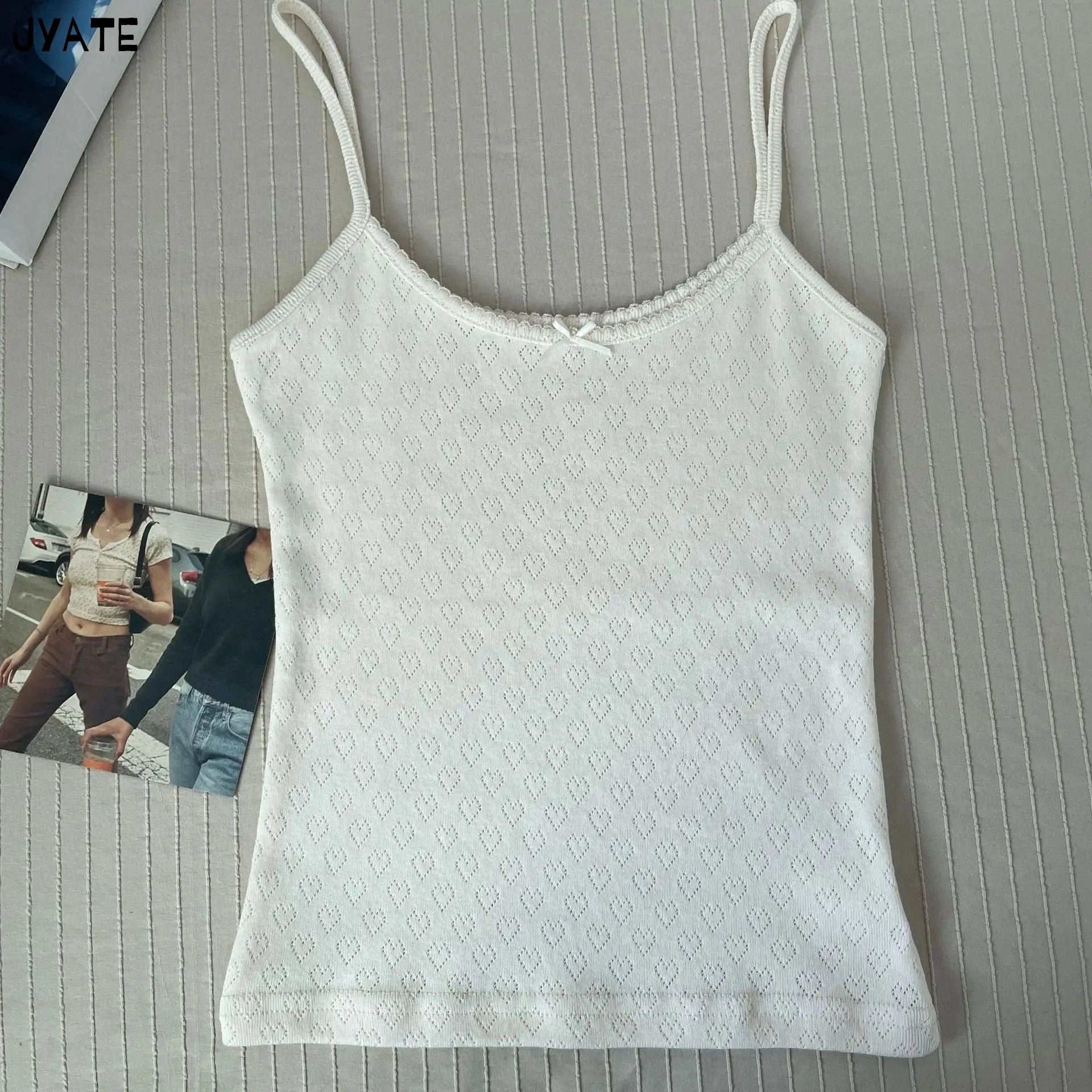 Sweet Floral Print Eyelet Bow Cropped Vests Women Cotton Casual Slim Lace Trim Tank Tops Vintage Preppy Style Cute Camisole Y2K