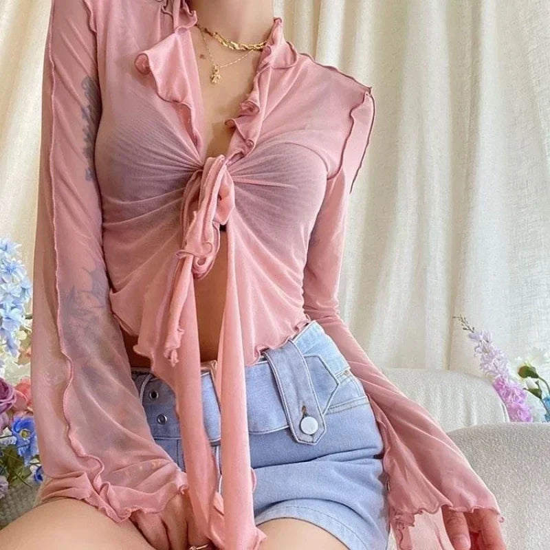 Long Flare Sleeve Sexy Sweet Hot Girls Korean Blouses for Women Lace-up Mesh Fashion Style All-match Solid Design Elegant Casual