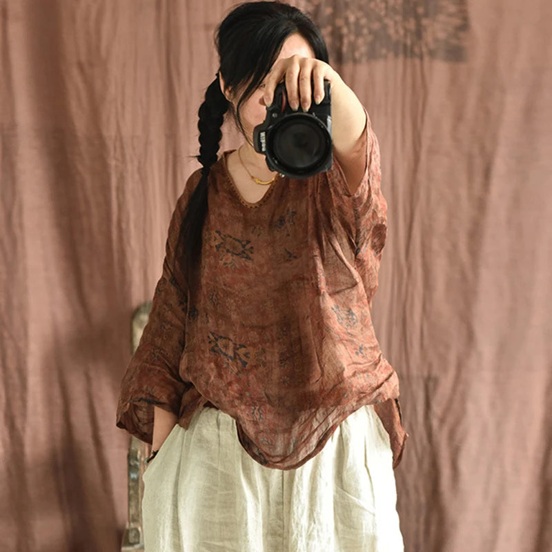 Oversized Women Casual Linen T-shirts New 2025 Summer Vintage Style V-neck Floral Print Loose Female Casual Tops Tees M739