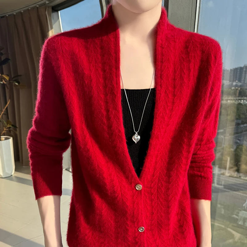Scarf Collar Women Cardigan Tops Autumn Winter New Chic 100% Merino Wool Sweater Graceful Woman Wool Sweater Elegant Soft Blouse