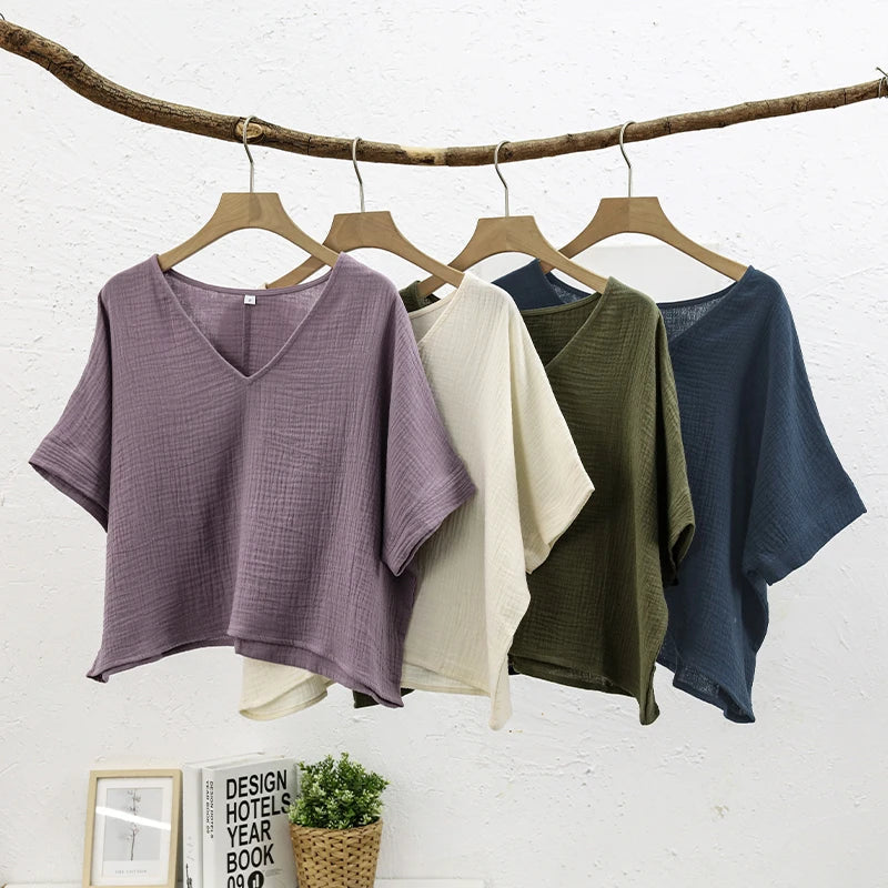 Muslin 100% Cotton Short Sleeve Tee Sexy V-Neck Oversized T-Shirt Streetwear Top Shirts And Blouse Lady Pulovers Camisetas