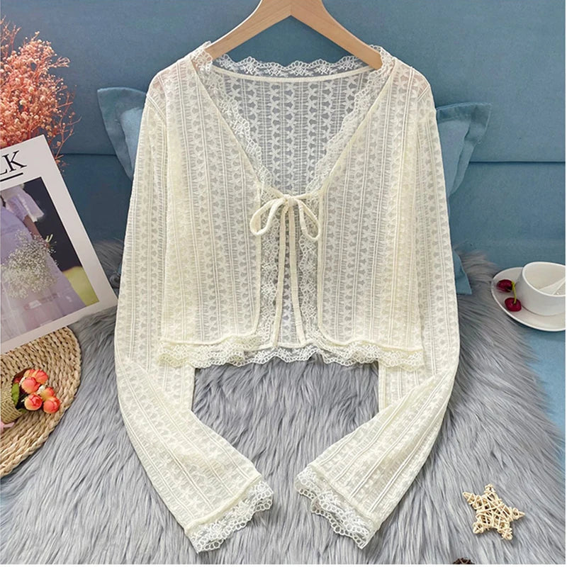 Sheer Lace Cardigan with Lace Trim Tie Front Long Sleeve Crop Top Women Textured Shrug Spring Summer 2026 Shrunken Cardigan