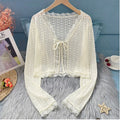 Sheer Lace Cardigan with Lace Trim Tie Front Long Sleeve Crop Top Women Textured Shrug Spring Summer 2026 Shrunken Cardigan