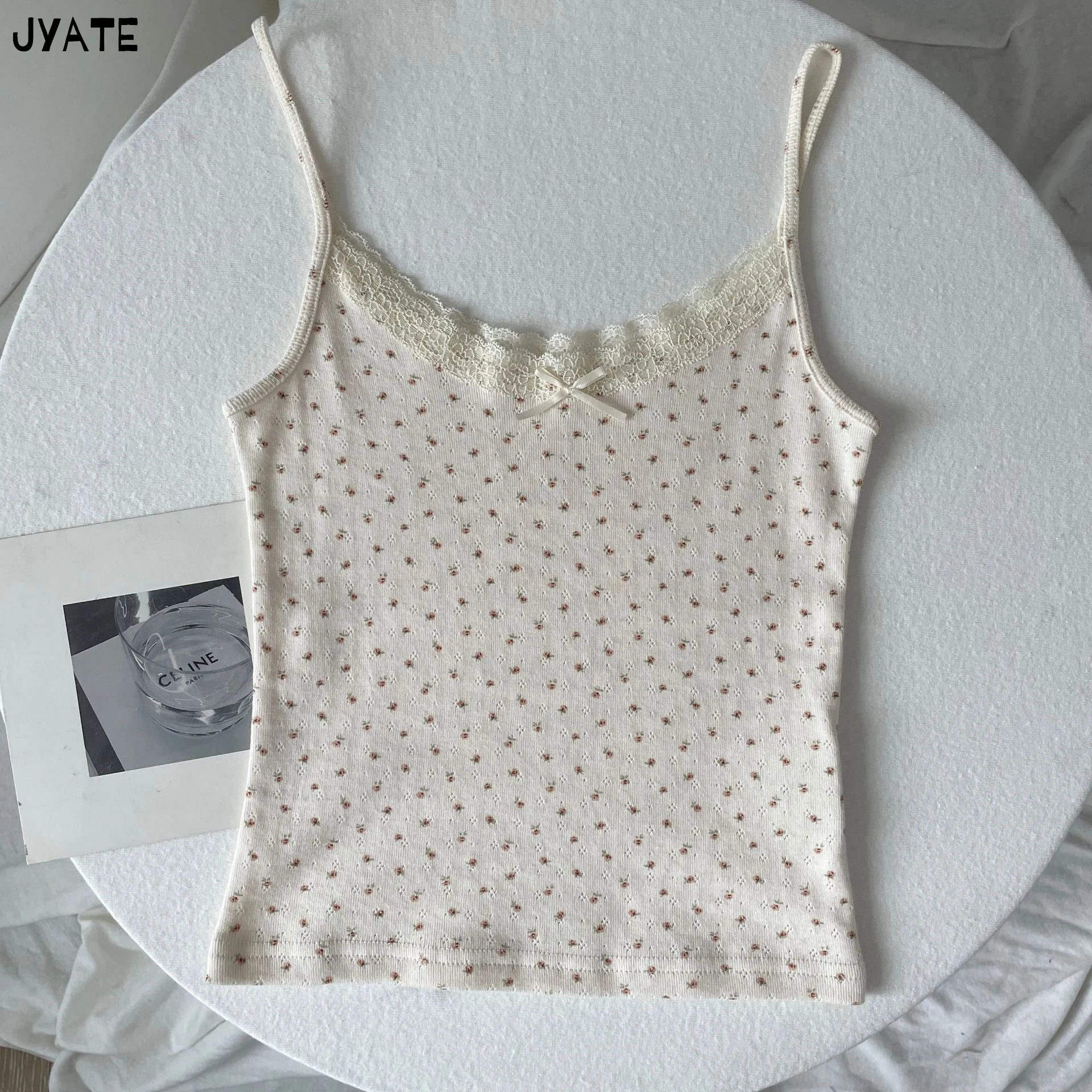 Sweet Floral Print Eyelet Bow Cropped Vests Women Cotton Casual Slim Lace Trim Tank Tops Vintage Preppy Style Cute Camisole Y2K