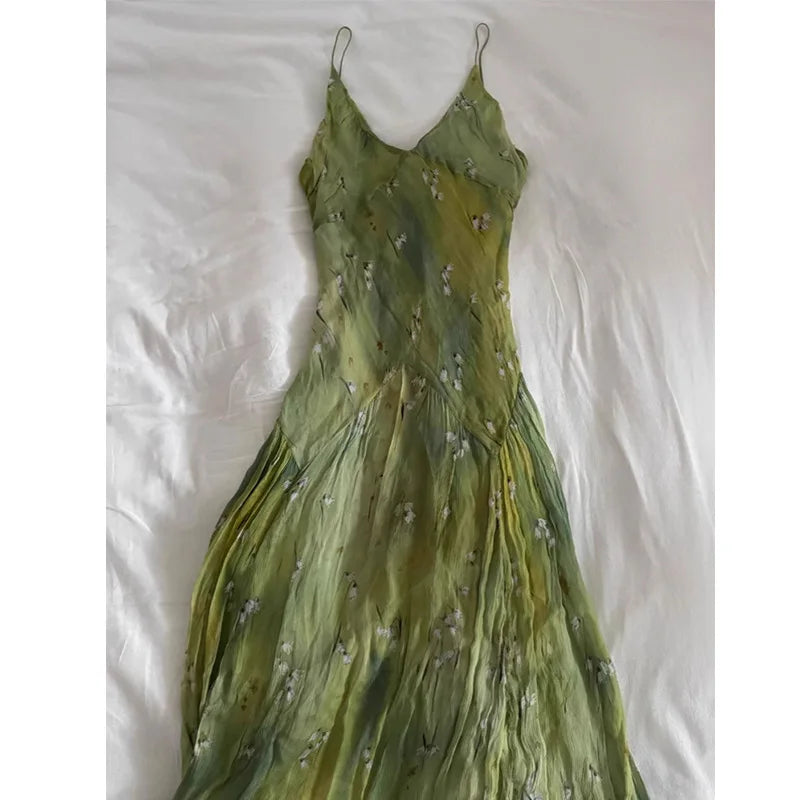 2025 New Vintage Elegant French Floral Print V-neck Strapless Midi Dress Retro Women's Sweet Summer Vacation Style Long Dresses