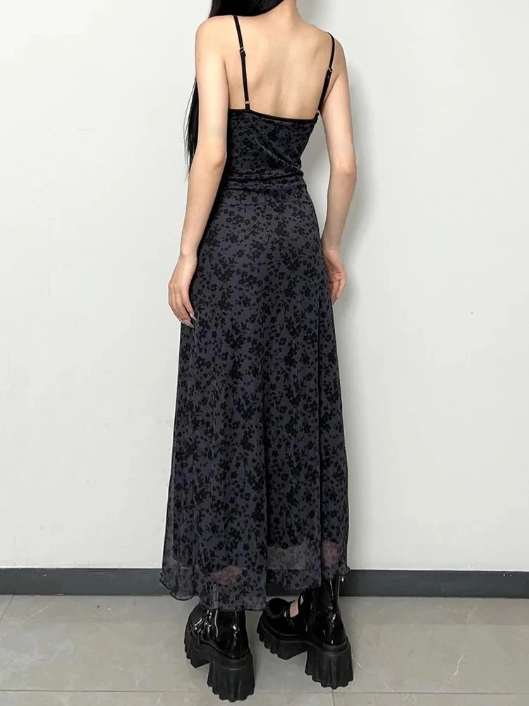Vintage Grunge Printed Long Dress O Neck y2k Punk Black Sundress Lace Up Fairycore Gothic Aesthetic Outfits Korean Bohemian