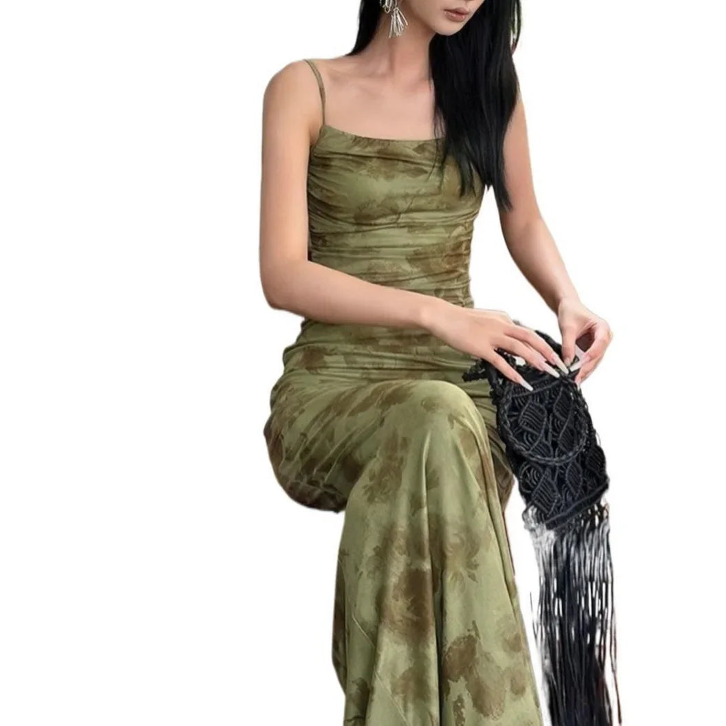 Elegant Green Floral Lace Halter Dress Women's Summer Design High Waist Bodycon Fish Tail Long Gown Chinese New Style