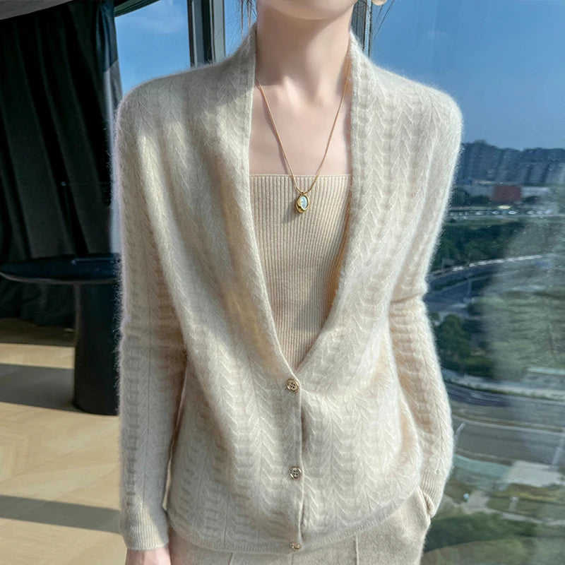 Scarf Collar Women Cardigan Tops Autumn Winter New Chic 100% Merino Wool Sweater Graceful Woman Wool Sweater Elegant Soft Blouse
