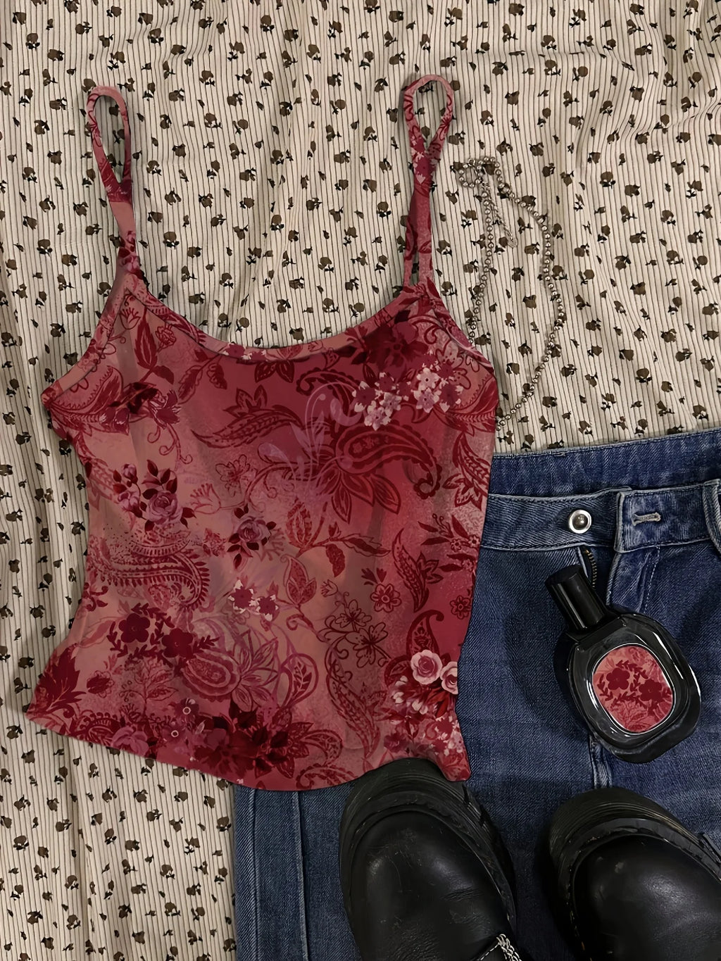 Vintage floral pattern red sexy vest, women's short top