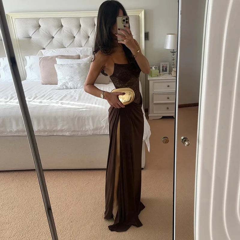Luxury Women's Brown Curvy Dress Sexy One Shoulder Lace Transparent Party Evening Long Dresses Female Black Burgundy New Summer