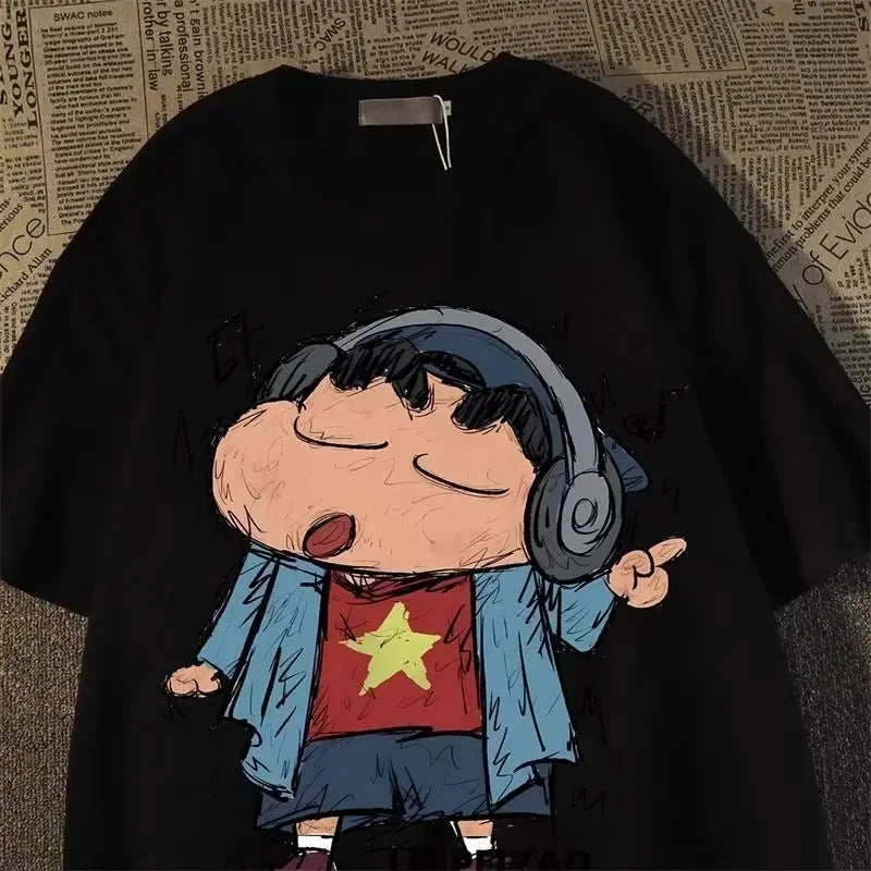 Fun Crayon Shin Chan Retro Cartoon Short Sleeved T-shirt Summer Loose Street Couple Half Sleeve Top Suitable Both Men and Women
