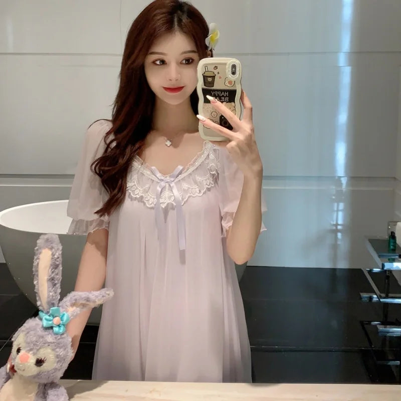 Summer Fashion Vintage Loose Mesh Night Dress Women Lace Cute Short Sleeve Nightgown V-Neck Sweet  Princess Nightwear