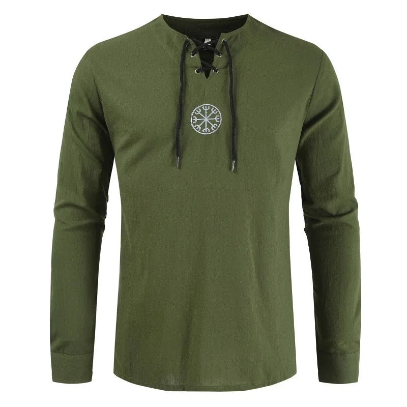 spring 2023 New Men's Cotton Linen T shirt Male Solid Color V Neck bandage T shirts Casual Long Sleeves Linen tshirt Tops S-4XL