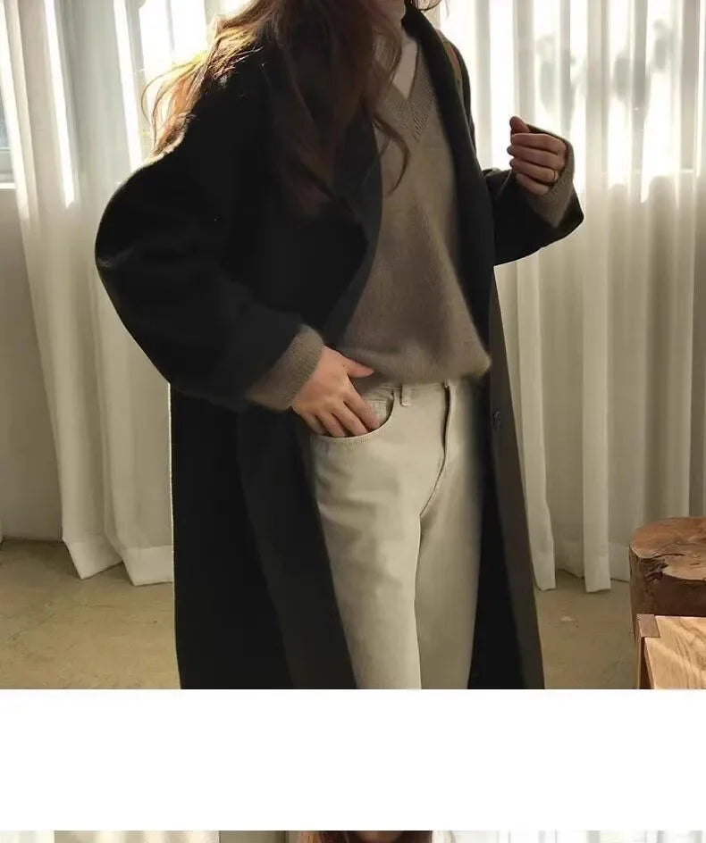 Women's Autumn Winter V-Neck Cashmere Sweater 100% Pure Mountain Thick Short Pullover Loose Knit Long Sleeve Bottoming Shirt
