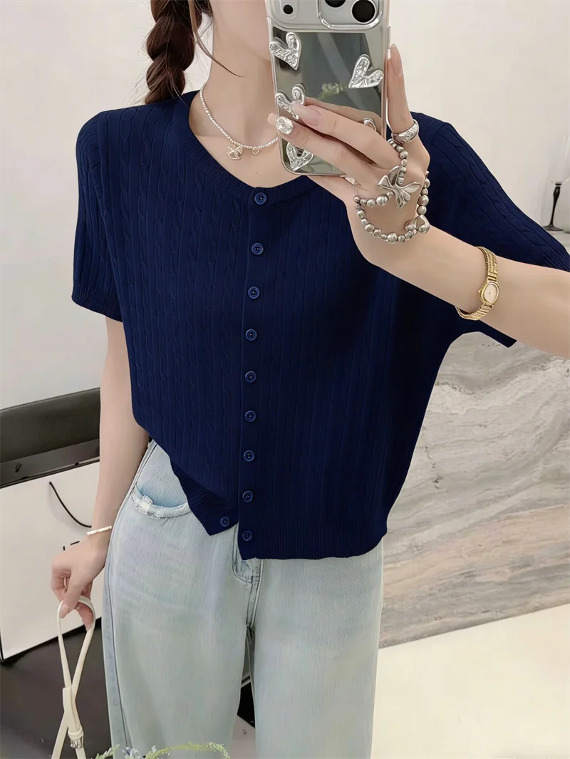 Knitwears Knitted Sweater Women Cardigans O-Neck White Knit Sweater Cardigan Women Tops New Summer Short Sleeve Sweaters Q3730