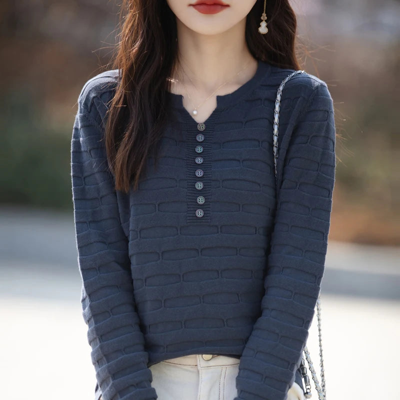 Autumn Winter Women 100% Cotton Sweater V-neck Half Open Buckle Pullover Square Pit Sweater Slim Knitted Warm Bottoming Tops