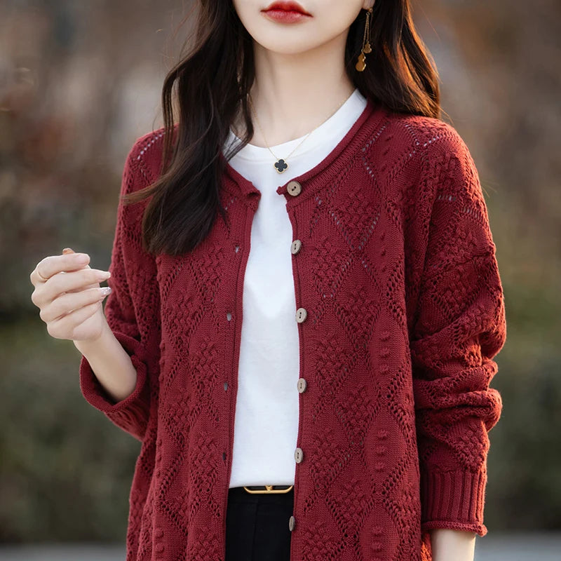 2024 Fashion Models Women Knitwear 100% Cotton Cardigan O-Neck Long Sleeve Hollow Decoration Loose Fit Cardigan Clothing Tops
