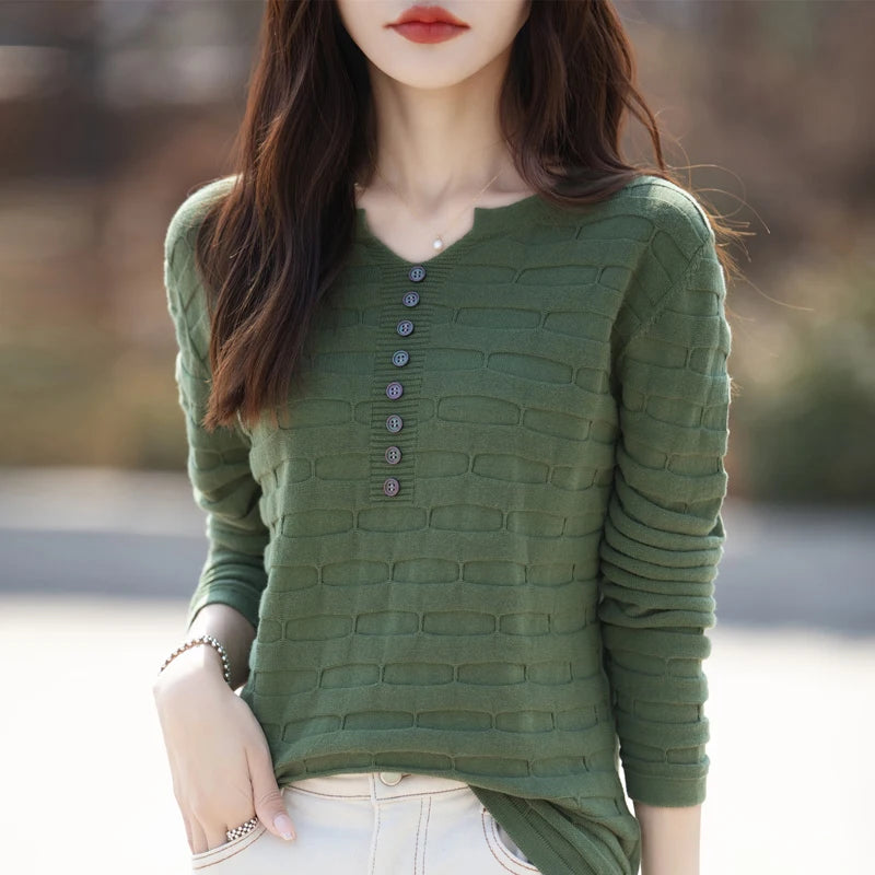 Autumn Winter Women 100% Cotton Sweater V-neck Half Open Buckle Pullover Square Pit Sweater Slim Knitted Warm Bottoming Tops