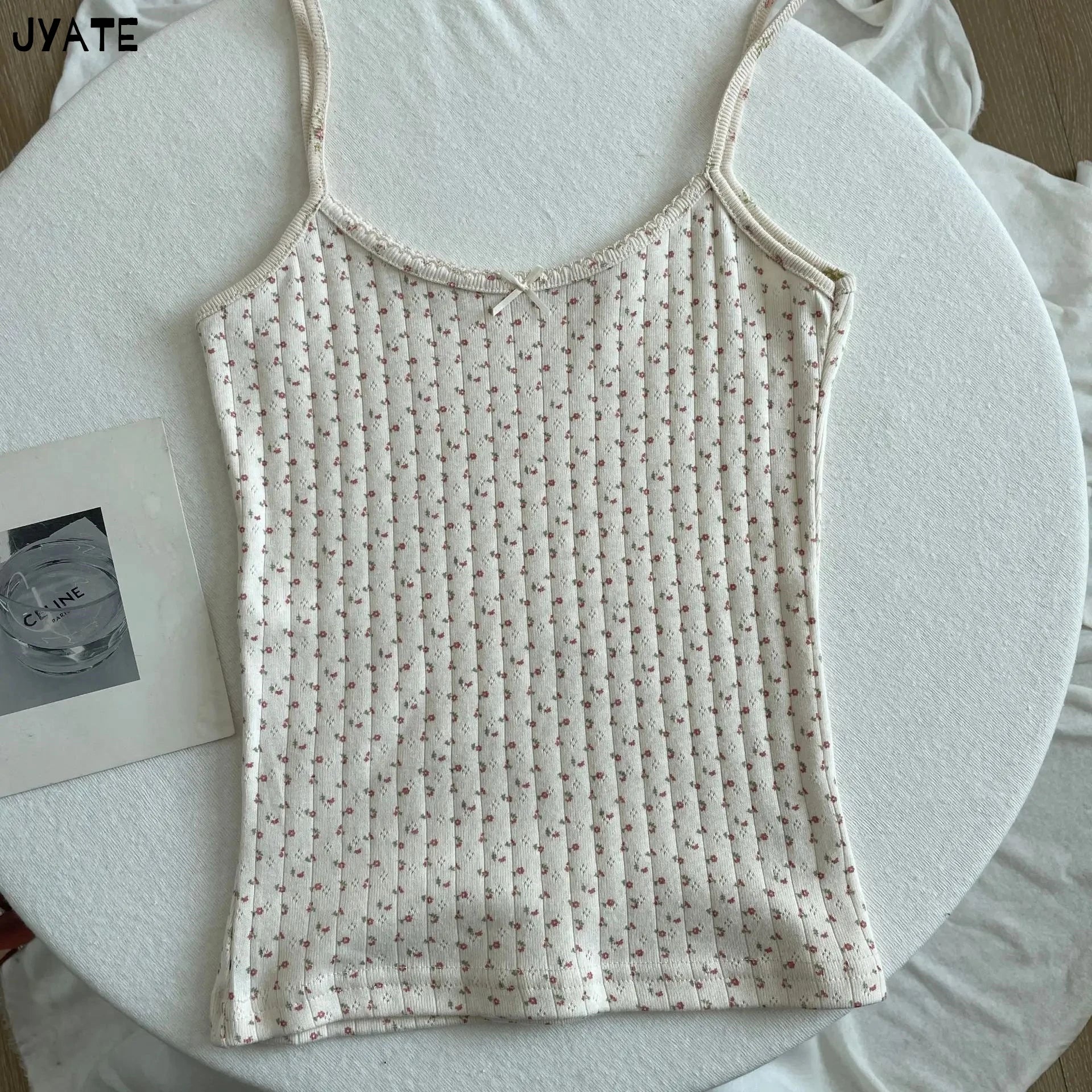 Sweet Floral Print Eyelet Bow Cropped Vests Women Cotton Casual Slim Lace Trim Tank Tops Vintage Preppy Style Cute Camisole Y2K