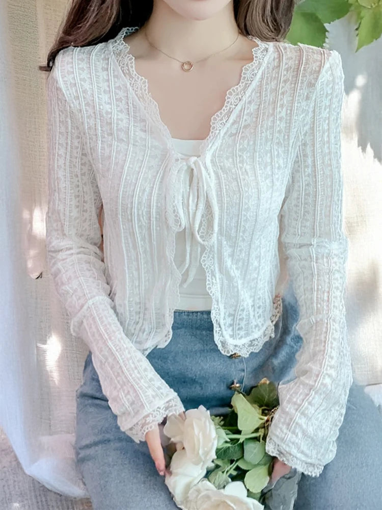Sheer Lace Cardigan with Lace Trim Tie Front Long Sleeve Crop Top Women Textured Shrug Spring Summer 2026 Shrunken Cardigan